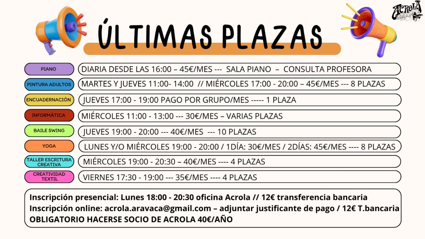 Últimas plazas en los talleres de ACROLA